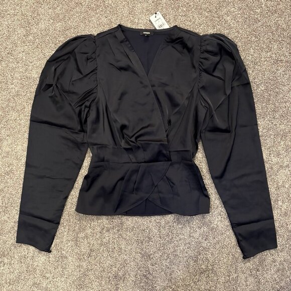 Express Women's Satin Top Size XS Navy Puff Shoulder Draped Faux Wrap NWT $58 - Picture 5 of 16